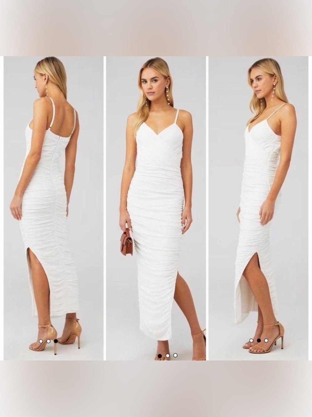 Elliatt Pippa White Ruched Spaghetti-Strap Midi Dress